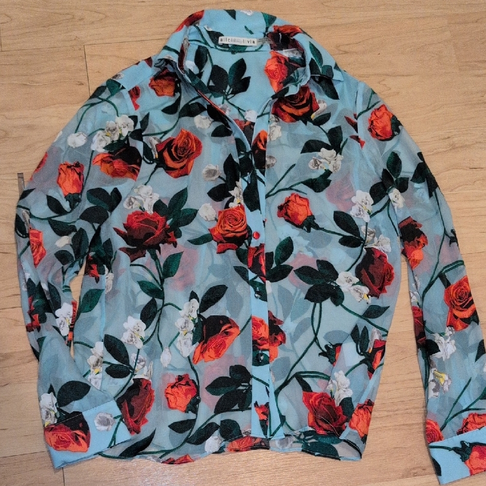 Alice & Olivia Red and Green Floral Sheer Blouse